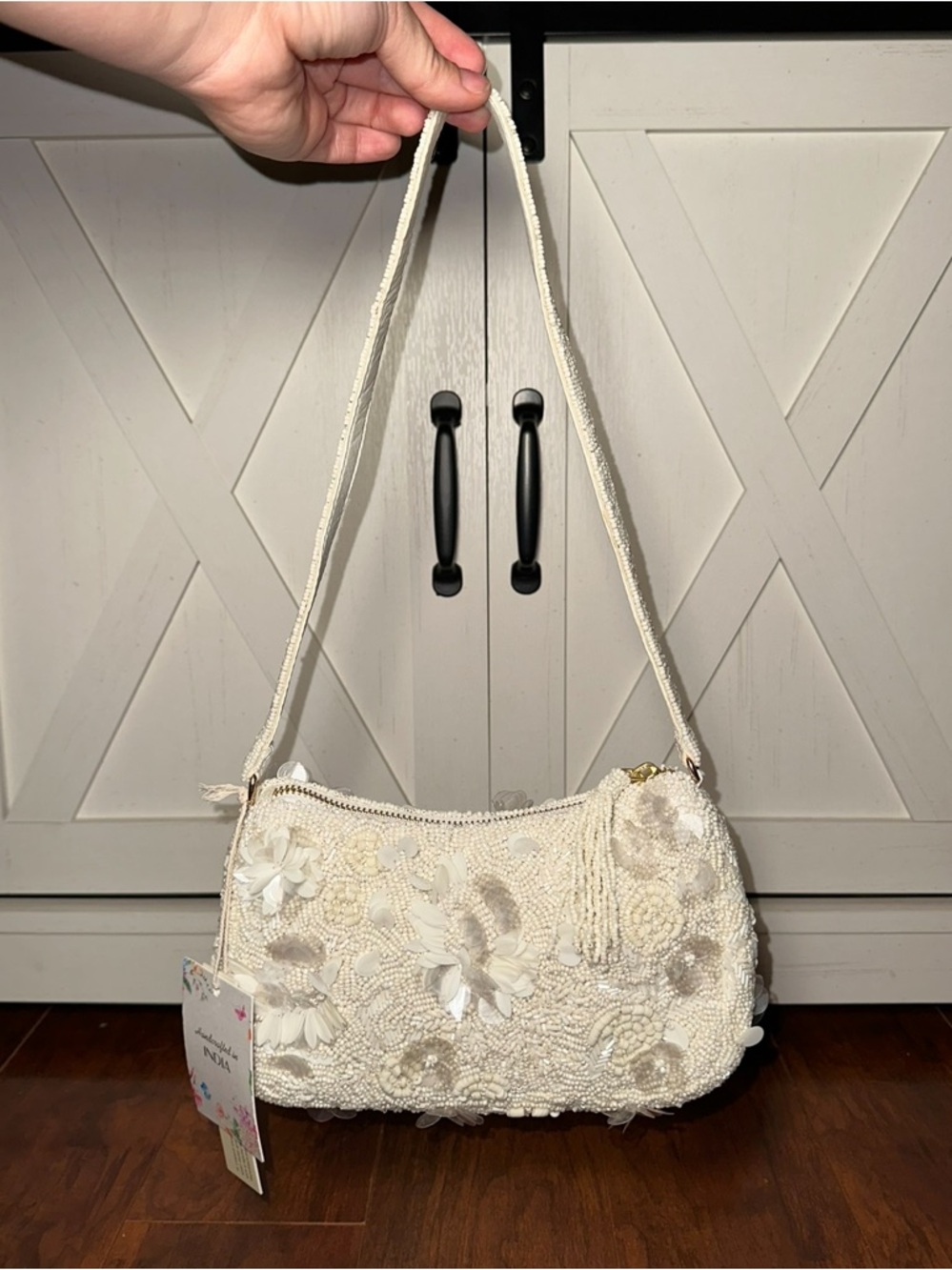 Handcrafted in India Viral Beaded Floral Shoulder Bag in Ivory